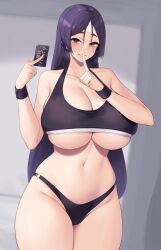 Rule 34 | 1girl, after workout, bad tag, bare shoulders, black sports bra, blush, breasts, coupon, cowboy shot, fate/grand order, fate (series), finger to mouth, gassy female, groin, heavy breathing, highres, holding, huge breasts, imminent fart, imminent paizuri, kuavera, locker, locker room, long hair, looking at viewer, minamoto no raikou (fate), naughty face, navel, no pants, odor, offering to viewer, panties, pants, parted lips, purple eyes, purple hair, removed pants, seductive smile, sexually aroused, shushing, skindentation, smell, smile, sports bra, stinky, sweat, sweaty clothes, thick thighs, thighs, thong, translated, underboob, underwear, unworn pants, very long hair