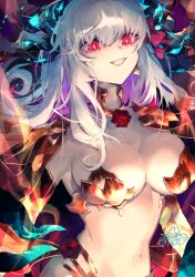 Rule 34 | breasts, demon girl, demon horns, earrings, evil grin, evil smile, fate/grand order, fate (series), flower, grin, highres, horns, jewelry, kama (beast iii/l) (fate), kama (fate), large breasts, long hair, looking down, maon (vava0210), red eyes, smile, solo, very long hair, white hair
