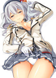Rule 34 | 10s, 1girl, absurdres, beret, blush, breasts, buttons, byte (allbyte), epaulettes, female focus, frilled sleeves, frills, gloves, grey eyes, grey hair, hat, highres, jacket, kantai collection, kashima (kancolle), large breasts, looking at viewer, lying, military, military uniform, miniskirt, on back, panties, pleated skirt, shizuka (deatennsi), sidelocks, skirt, smile, solo, twintails, unbuttoned, underwear, uniform, wavy hair, white gloves, white panties