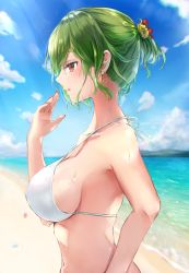 Rule 34 | 1girl, alternate costume, alternate hairstyle, bare shoulders, bikini, blurry, blurry background, breasts, cloud, cloudy sky, commentary request, day, depth of field, drop earrings, earrings, from side, green hair, halterneck, hand up, highres, horizon, jewelry, kazami yuuka, large breasts, looking ahead, nail polish, outdoors, parted lips, ponytail, profile, red eyes, red nails, shironeko yuuki, sideboob, sky, solo, string bikini, swimsuit, touhou, white bikini