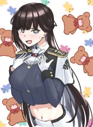 Rule 34 | 1girl, @ @, ascot, blue jacket, blush, breasts, brown eyes, brown hair, cropped jacket, ear piercing, epaulettes, gloves, goddess of victory: nikke, highres, jacket, kano hoshi, large breasts, long hair, looking at viewer, marciana (nikke), military jacket, navel, navel piercing, open mouth, pants, piercing, riding crop, sketch, solo, sweatdrop, tight clothes, tight pants, white ascot, white gloves, white pants