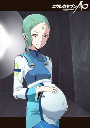 Rule 34 | 10s, 1girl, absurdres, aged up, aqua hair, belly, blue hair, bodysuit, bones (company), breasts, covered navel, datenaito, eureka (eureka seven), eureka seven, eureka seven (series), eureka seven ao, facial mark, facing away, forehead, forehead mark, fukai ao, grey background, hair ornament, hand on own stomach, highres, huge filesize, insignia, interior, leggings, lens flare, letterboxed, light, light smile, looking at viewer, navel, perky breasts, pregnant, purple eyes, room, science fiction, short hair, smile, solo, spoilers, uniform, window