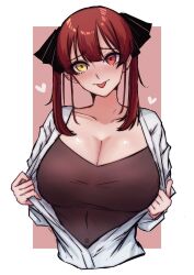 Rule 34 | 1girl, black ribbon, black shirt, blush, breasts, cleavage, hair ribbon, heart, heart in eye, heterochromia, highres, hololive, houshou marine, large breasts, looking at viewer, mamaprofennn, open clothes, red eyes, red hair, ribbon, shirt, solo, symbol in eye, tongue, tongue out, twintails, virtual youtuber, yellow eyes