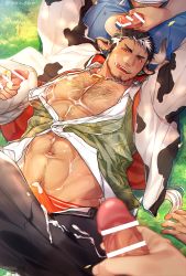 Rule 34 | 4boys, :q, abs, animal ears, animal print, arms up, bar censor, bara, bare pectorals, beard, bell, black pants, bukkake, bulge, censored, chinese zodiac, collar, collared shirt, cow ears, cow horns, cow print, cum, cum on body, cum on male, cum on pectorals, dark-skinned male, dark skin, earrings, erection, erection under clothes, facial hair, gozu farm, group sex, happy new year, highres, horns, jacket, jewelry, large pectorals, lying, male focus, male pubic hair, male underwear, male underwear peek, mature male, multiple boys, muscular, muscular male, navel, navel hair, neck bell, new year, nipple piercing, nipples, on back, open clothes, open jacket, open pants, open shirt, orange male underwear, original, pants, pectoral cleavage, pectorals, penis, piercing, pov, pubic hair, shirt, short hair, solo focus, spread legs, stomach, stubble, tongue, tongue out, underwear, yaoi, year of the ox