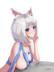Rule 34 | 157551sm, 1girl, animal ear fluff, animal ears, azur lane, blue eyes, blue ribbon, breast rest, breasts, breasts on table, from side, highres, kaga (azur lane), kaga (exalted white wings) (azur lane), large breasts, leaning forward, medium hair, revealing clothes, ribbon, round table, sideways glance, signature, simple background, solo, table, upper body, white background, white hair