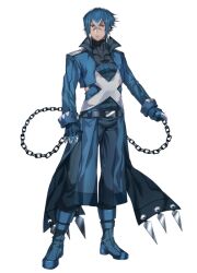 Rule 34 | 1boy, belt, blue footwear, blue hair, blue jacket, boots, brass knuckles, chain, covered collarbone, creatures (company), cropped jacket, crossed bangs, earrings, full body, game freak, gen 3 pokemon, grey hair, hair between eyes, high collar, jacket, jewelry, katagiri hachigou, legs apart, male focus, metagross, multicolored hair, nintendo, open clothes, open jacket, personification, pokemon, red eyes, short hair, simple background, turtleneck, two-tone hair, weapon, white background