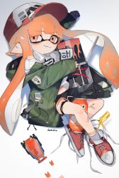 Rule 34 | 1girl, absurdres, anklet, artist name, autobomb (splatoon), bad id, bad twitter id, bags under eyes, bandaid, baseball cap, black shorts, blaster (splatoon), blunt bangs, cellphone, coat, commentary, cross-laced footwear, dolphin shorts, earclip, green coat, grin, gym shorts, hat, highres, holding, holding weapon, hood, hooded coat, inkling, inkling (language), inkling girl, inkling player character, jewelry, looking at viewer, lying, mask, mouth mask, nintendo, off shoulder, on side, open clothes, open coat, orange eyes, orange hair, phone, pointy ears, red footwear, shirt, shoes, short shorts, shorts, signature, smile, sneakers, socks, solo, splatoon (series), splatoon 2, surgical mask, tentacle hair, thigh strap, unitoon, untied footwear, weapon, white shirt, white socks