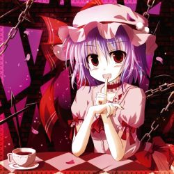 Rule 34 | 1girl, cup, female focus, finger to mouth, gradient background, hat, light purple hair, mashayuki, red eyes, remilia scarlet, solo, teacup, touhou, wings