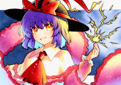 Rule 34 | 1girl, bad id, bad twitter id, blush, bow, capelet, frills, hat, hat ribbon, highres, long sleeves, looking at viewer, nagae iku, open mouth, purple hair, qqqrinkappp, red eyes, ribbon, shawl, short hair, smile, solo, touhou, traditional media, upper body