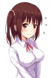 Rule 34 | 10s, 1girl, blush, breasts, brown eyes, brown hair, collared shirt, ebina nana, female focus, flying sweatdrops, highres, himouto! umaru-chan, itachi kanade, large breasts, looking at viewer, scrunchie, shirt, simple background, solo, two side up, upper body, wavy mouth, white background, white shirt