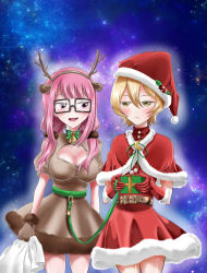 Rule 34 | 2girls, animal costume, animal ears, antlers, bell, blonde hair, blush, breasts, christmas, christmas present, cleavage, collar, deer ears, dress, gift, glasses, hat, highres, horns, large breasts, leash, looking at another, mahou shoujo site, multiple girls, neck bell, open mouth, pink eyes, pink hair, reindeer antlers, reindeer costume, sack, santa costume, santa hat, shiny clothes, shiny skin, shioi rina, short hair, star (symbol), starry background, twintails, user ctnn8475, yatsumura tsuyuno, yellow eyes