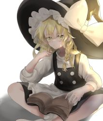 Rule 34 | 1girl, black hat, blonde hair, book, bow, braid, hat, hat bow, highres, holding, holding book, kirisame marisa, long sleeves, open book, reading, shinonome (ichigotsuki), simple background, sitting, solo, touhou, white bow, witch hat, yellow eyes