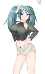 Rule 34 | 1girl, absurdres, alternate costume, breasts, detached sleeves, feet out of frame, green eyes, green hair, highres, isuzu (kancolle), kantai collection, large breasts, looking at viewer, maru (marg0613), midriff, ribbed sweater, shorts, simple background, solo, standing, sweater, white background, white shorts