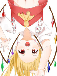 Rule 34 | 1girl, ascot, blonde hair, crystal wings, flandre scarlet, frills, furi 00, hand up, highres, midriff, open mouth, red eyes, simple background, solo, teeth, touhou, upper teeth only, upside-down, white background, yellow ascot