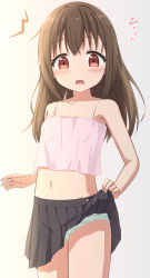 Rule 34 | 1girl, ^^^, bare arms, bare shoulders, black skirt, blush, brown background, brown hair, camisole, collarbone, commentary request, crop top, female focus, gradient background, grey background, highres, long hair, looking at viewer, midriff, navel, original, panties, pink camisole, pleated skirt, red eyes, simple background, skirt, solo, striped clothes, striped panties, takasuma hiro, translation request, underwear