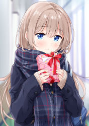 Rule 34 | 1girl, :i, absurdres, bag, black jacket, black scarf, blue eyes, blurry, blurry background, blush, box, brown hair, closed mouth, commentary request, depth of field, enpera, fringe trim, gift, gift box, hair between eyes, highres, holding, holding gift, indoors, jacket, long hair, long sleeves, looking at viewer, mousou (mousou temporary), original, plaid, plaid scarf, scarf, school bag, sleeves past wrists, solo, sweat, upper body, very long hair