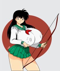 Rule 34 | 1girl, artist name, ass, black hair, bow (weapon), breasts, brown eyes, clothes, covered erect nipples, cowboy shot, female focus, gigantic breasts, highres, higurashi kagome, huge breasts, inuyasha, long hair, looking at viewer, miniskirt, pleated skirt, school uniform, serafuku, signature, skirt, solo, source request, standing, text focus, thighs, toshiso (artist), watermark, weapon