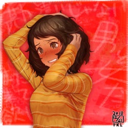 Rule 34 | 1girl, blush, breasts, brown eyes, brown hair, clenched teeth, embarrassed, face, hands on own head, highres, ikeda (cpt), kawakami sadayo, long sleeves, persona, persona 5, shirt, short hair, solo, striped clothes, striped shirt, sweat, sweatdrop, teeth, yellow shirt