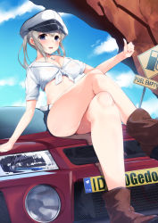 Rule 34 | 10s, 1girl, alternate costume, arm support, belt, blonde hair, blue eyes, boots, breasts, car, cleavage, crossed legs, front-tie top, gedou (shigure seishin), graf zeppelin (kancolle), hair between eyes, hat, kantai collection, leather, leather boots, long hair, midriff, military hat, mitsubishi, mitsubishi lancer evolution, motor vehicle, on vehicle, peaked cap, road sign, shirt, sign, solo, thumbs up, tied shirt, twintails, twitter