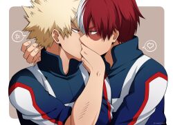 Rule 34 | 2boys, anger vein, artist name, bakugou katsuki, blonde hair, boku no hero academia, brown background, covering another&#039;s mouth, hand over another&#039;s mouth, heart, highres, male focus, multicolored hair, multiple boys, outline, red hair, spiked hair, split-color hair, spoken anger vein, spoken heart, todoroki shouto, u.a. gym uniform, upper body, white hair, white outline, yaketchup