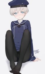 Rule 34 | 10s, 1girl, alternate legwear, androgynous, black pantyhose, blue eyes, feet, feet together, flat chest, gusset, hat, kantai collection, no shoes, pantyhose, rokuwata tomoe, short hair, silver hair, simple background, sitting, solo, z1 leberecht maass (kancolle)