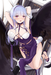Rule 34 | 1girl, absurdres, arms behind head, azur lane, bad id, bad pixiv id, bare shoulders, black wings, blush, grabbing another&#039;s breast, breasts, cleavage, criss-cross halter, dido (anxious bisque doll) (azur lane), dido (azur lane), dress, feathered wings, gloves, grabbing, hairband, halter dress, halterneck, headband, highres, large breasts, large wings, long hair, looking at viewer, nedo, purple dress, purple eyes, purple footwear, purple hairband, shoes, silver hair, thick thighs, thighs, white gloves, wings