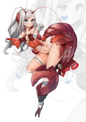 Rule 34 | 1girl, absurdres, antennae, aqua eyes, bare shoulders, closed mouth, commentary request, expressionless, full body, grey hair, highres, lobster girl, long hair, monster girl, navel, original, shitoi (aqua1487), simple background, solo, tail