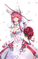 Rule 34 | 1girl, absurdres, ahoge, arc system works, blush, bouquet, breasts, bridal veil, cleavage, clover, dress, earrings, elphelt valentine, fingernails over gloves, flower, four-leaf clover, gloves, green eyes, guilty gear, guilty gear xrd, highres, jewelry, large breasts, long sleeves, looking at viewer, luna (gunfire), parted lips, pink hair, red flower, red rose, ribbon, rose, shiny clothes, short hair, smile, solo, spikes, veil, wedding dress, white dress