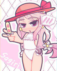 Rule 34 | 1girl, anchor ornament, asymmetrical bangs, casual one-piece swimsuit, character name, earrings, flower, frilled shirt, frills, goma dango (gomakagomazoku), grey hair, hair flower, hair ornament, hat, highleg, highleg swimsuit, ice cream bar, jewelry, kantai collection, long hair, low-tied long hair, official alternate costume, one-piece swimsuit, purple eyes, red hat, sagiri (kancolle), shirt, side-tie shirt, side-tie swimsuit, sleeveless, sleeveless turtleneck, solo, spoken blush, sun hat, swept bangs, swimsuit, turtleneck, white one-piece swimsuit, white shirt