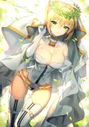 Rule 34 | 10s, 1girl, :o, ahoge, bare shoulders, belt, blonde hair, blush, breasts, bridal veil, buckle, chain, cleavage, detached sleeves, dutch angle, elbow gloves, fate/extra, fate (series), gloves, green eyes, hair intakes, hands up, head wreath, large breasts, leaf, leotard, light, lock, long sleeves, looking at viewer, nero claudius (bride) (fate), nero claudius (bride) (third ascension) (fate), nero claudius (fate), nero claudius (fate) (all), padlock, parted lips, short hair, solo, sora 72-iro, strapless, strapless leotard, thigh strap, thighhighs, veil, w arms, white gloves, white leotard, white thighhighs, wide hips, wide sleeves, zipper