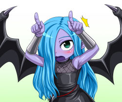 Rule 34 | 1girl, ^^^, alternate hairstyle, arm warmers, armpits, arms up, bare shoulders, bat wings, black wings, blue hair, blush, dress, duel monster, fabled topi, female focus, gradient background, green background, green eyes, hair down, hair over one eye, long hair, looking at viewer, monster girl, no mask, open mouth, pataneet, pointing, pointy ears, shiny skin, solo, standing, upper body, wavy hair, wings, yu-gi-oh!, yu-gi-oh! duel monsters