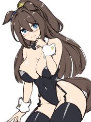 Rule 34 | 1girl, animal ears, bare shoulders, black bow, black bowtie, black leotard, black thighhighs, blue eyes, blush, bow, bowtie, breasts, cleavage, closed mouth, detached collar, ear ornament, el condor pasa (umamusume), garter straps, horse ears, horse girl, horse tail, large breasts, leotard, long hair, looking at viewer, no mask, nontraditional playboy bunny, pataneet, ponytail, simple background, solo, strapless, strapless leotard, tail, thighhighs, umamusume, unfinished, wrist cuffs