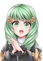 Rule 34 | 1girl, fire emblem, fire emblem: three houses, flayn (fire emblem), green eyes, green hair, hair ornament, long hair, long sleeves, nintendo, open mouth, own hands together, simple background, solo, ten (tenchan man), uniform, upper body, white background