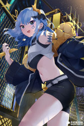 Rule 34 | 1girl, :d, alternate hair length, alternate hairstyle, black shorts, blue eyes, blue hair, breasts, chain-link fence, crop top, cropped vest, earrings, facial mark, fence, floating hair, from side, hair ornament, hairclip, hololive, hoshimachi suisei, jacket, jewelry, leaning forward, medium hair, midriff, mujinbensin, navel, night, night sky, off shoulder, open mouth, short shorts, shorts, sky, small breasts, smile, solo, sparkling eyes, star (symbol), star hair ornament, star in eye, stomach, symbol in eye, thighs, vest, virtual youtuber, vocaloid, yuurei tokyo (vocaloid)