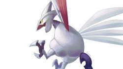 Rule 34 | animal focus, artist name, colored skin, creatures (company), fireblast, game freak, gen 2 pokemon, grey skin, highres, nintendo, no humans, open mouth, pokemon, pokemon (creature), sharp teeth, simple background, skarmory, tail, talons, teeth, twitter username, white background, wings, yellow eyes