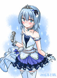 Rule 34 | 1boy, ansatsu kyoushitsu, blue eyes, blue hair, blue thighhighs, blush, choker, collarbone, crossdressing, dated, detached sleeves, frills, gloves, jewelry, long hair, looking at viewer, male focus, microphone, necklace, pearl necklace, ribbon, shiota nagisa, simple background, skirt, solo, sweat, tenten (kitty), thighhighs, tiara, trap