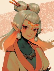 Rule 34 | 1girl, artist name, bellhenge, blush, brown eyes, closed mouth, facial mark, forehead mark, hair ornament, long hair, looking at viewer, nintendo, paya (zelda), pointy ears, solo, the legend of zelda, the legend of zelda: breath of the wild, turtleneck, upper body, white hair