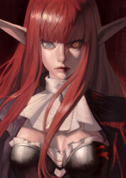 1girl ascot blue_eyes breasts cleavage heterochromia highres hime_cut hulkenberg_(metaphor:_refantazio) long_hair long_pointy_ears looking_at_viewer metaphor:_refantazio phamoz pointy_ears red_eyes red_hair solo white_ascot