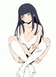 Rule 34 | 1girl, artist name, bare shoulders, blunt bangs, breasts, cleavage, closed mouth, collarbone, commentary request, crossed legs, full body, hyuuga hinata, kneehighs, large breasts, long hair, looking at viewer, naruto (series), naruto shippuuden, relaxjon, smile, socks, solo, white background, white eyes, white socks