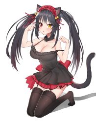 Rule 34 | 1girl, absurdres, animal ears, bare shoulders, bell, black dress, black hair, black thighhighs, blush, breasts, cat ears, cat girl, cat tail, clock eyes, collar, date a live, dress, full body, garter straps, hair bell, hair between eyes, hair ornament, hairband, heterochromia, highres, kneeling, layered dress, lolita hairband, long hair, looking at viewer, medium breasts, neko lu (wofud453), no shoes, open mouth, red eyes, simple background, solo, spaghetti strap, strap slip, symbol-shaped pupils, tail, thighhighs, tokisaki kurumi, twintails, very long hair, white background, yellow eyes
