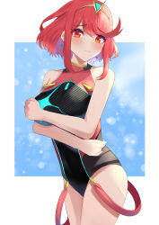 Rule 34 | 1girl, black one-piece swimsuit, blush, breasts, closed mouth, commentary request, competition swimsuit, earrings, eyebrows hidden by hair, gem, headpiece, highres, jewelry, kyaro (wanu 14), large breasts, looking at viewer, nervous, one-piece swimsuit, pyra (pro swimmer) (xenoblade), pyra (xenoblade), red eyes, red hair, red one-piece swimsuit, short hair, solo, swept bangs, swimsuit, tiara, two-tone swimsuit, xenoblade chronicles (series), xenoblade chronicles 2