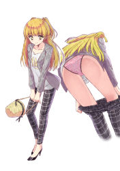 Rule 34 | 10s, 1girl, aramachi, ass, bag, black footwear, black pants, blonde hair, blunt bangs, card (medium), card parody, casual, cinderella girls card parody, closed mouth, clothes pull, clothes writing, commentary request, contemporary, floral print, foreshortening, full body, green eyes, grey jacket, hair ornament, high heels, highres, holding, holding bag, idolmaster, idolmaster cinderella girls, jacket, jougasaki rika, long hair, looking at viewer, multiple views, no socks, open clothes, open jacket, panties, pants, pants pull, pink panties, pulling own clothes, shirt, shoes, simple background, smile, standing, star (symbol), star hair ornament, straight hair, t-shirt, tareme, thighs, two side up, underwear, undressing, v arms, very long hair, white background