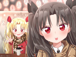 Rule 34 | 2girls, :p, arm up, aro 1801, black hair, black ribbon, blonde hair, booth seating, brown coat, coat, coffee cup, cup, disposable cup, duffel coat, embarrassed, ereshkigal (fate), fang, fate/grand order, fate (series), flying sweatdrops, hair ribbon, head tilt, ishtar (fate), lantern, looking at viewer, multiple girls, open mouth, outstretched hand, parted bangs, plaid, plaid scarf, red coat, red eyes, red ribbon, ribbon, scarf, selfie, sweatdrop, table, tongue, tongue out, twintails, twitter username, v, v over eye
