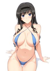 Rule 34 | 1girl, amagami, bikini, black bikini, black hair, blue eyes, blush, breasts, cleavage, commentary request, dress, hairband, halcon, highres, large breasts, long hair, looking at viewer, morishima haruka, navel, simple background, sitting, slingshot swimsuit, solo, swimsuit, twitter