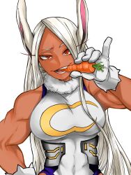Rule 34 | 1girl, animal ears, bare shoulders, boku no hero academia, breasts, carrot, covered abs, covered navel, crescent print, dark-skinned female, dark skin, food in mouth, fur collar, gloves, highleg, highleg leotard, highres, holding, holding carrot, hs061008, large breasts, leotard, long eyelashes, long hair, looking at viewer, mirko, parted bangs, pinky out, rabbit ears, rabbit girl, red eyes, sleeveless turtleneck leotard, smile, solo, taut leotard, teeth, toned, uneven eyes, upper body, very long hair, white background, white gloves, white hair, white leotard