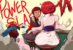 Rule 34 | 1boy, 2girls, ass, blonde hair, breasts, character request, cleavage, fatal fury, medium breasts, motor vehicle, motorcycle, multiple girls, plow (witch parfait), ponytail, red hair, shermie (kof), slap mark, slapping, snk, spanked, spanking, surprised, terry bogard, the king of fighters, vice (kof)