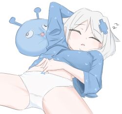 Rule 34 | 1girl, blue pajamas, bow, bow panties, closed eyes, fang, gosegu, hair ornament, hand on own stomach, heart, heart print, long sleeves, lying, medium hair, moong (eveonline44), no pants, on back, pajamas, panties, parted lips, simple background, sleeping, solo, spread legs, stuffed toy, underwear, virtual youtuber, waktaverse, white background, white hair, white panties, x hair ornament, zzz