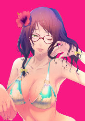 Rule 34 | 1girl, armpits, bikini, bow, breasts, cleavage, collarbone, dripping, eyebrows, flower, green eyes, hair bow, hair flower, hair ornament, hand in own hair, hibiscus, large breasts, long hair, looking at viewer, nail polish, o-ring, o-ring bikini, okazuwa shake, original, parted lips, pink background, red flower, simple background, sky print, solo, swept bangs, swimsuit, upper body, wet, wet hair, wings, yellow bow