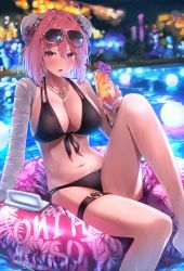 Rule 34 | 1girl, absurdres, bandaged arm, bandages, bare legs, bikini, black bikini, blurry, blurry background, blush, breasts, bun cover, cleavage, cup, double bun, drink, drinking glass, eyewear on head, flower, front-tie bikini top, front-tie top, greenkohgen, hair between eyes, hair bun, hair flower, hair ornament, hibiscus, highres, holding, holding cup, ibaraki kasen, innertube, jewelry, knee up, large breasts, looking at viewer, medium hair, necklace, night, outdoors, parted lips, pink eyes, pink hair, red flower, side-tie bikini bottom, sitting, solo, sunglasses, swim ring, swimsuit, touhou, wet