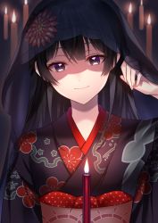 Rule 34 | 1girl, black hair, black kimono, candle, closed mouth, commentary request, fire, floral print, flower, hair flower, hair ornament, hand up, highres, holding, hood, hood up, japanese clothes, kimono, koyoka, long hair, looking at viewer, nijisanji, obi, print kimono, purple eyes, red flower, sash, see-through, smile, solo, tsukino mito, tsukino mito (12th costume), upper body, virtual youtuber